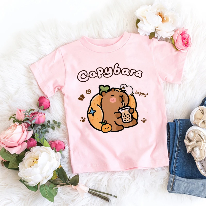 kf-S0250ec8490884286b1d91e72e26c7908W Kawaii Capybara Tshirt 어린이 어린이 티셔츠 capibara 만화 의류 키즈 소녀 소년 Capybaras T 셔츠 아기 캐주얼 탑 의류 - 이미지 1