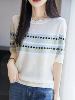 25 새로운 여름 모직 파인 스피닝 티셔츠 오-넥 꽃 반팔 여성 고급 티셔츠 패션 쿨 티셔츠 편안한 - 이미지 3