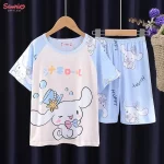 Anime Sanrio Cinnamoroll Kuromi 헬로 키티 여름 어린이 의류 세트 어린이 만화 캐주얼 Homewear 느슨한 편안한 의류