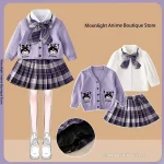 Sanrio Kuromi 마이 멜로디 어린이 코스프레 JK 스커트 2024 뉴 칼리지 스타일 니트 카디건 플리츠 스커트 3 피스 세트 스커트