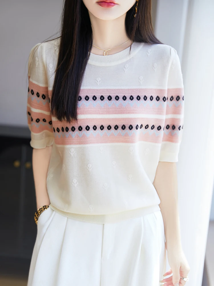 kf-S5f8cb870abb342f9a135181f654c41aeH 25 새로운 여름 모직 파인 스피닝 티셔츠 오-넥 꽃 반팔 여성 고급 티셔츠 패션 쿨 티셔츠 편안한 - 이미지 1