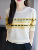 25 새로운 여름 모직 파인 스피닝 티셔츠 오-넥 꽃 반팔 여성 고급 티셔츠 패션 쿨 티셔츠 편안한 - 이미지 2