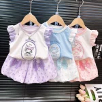 Sanrio Kuromi 어린이 야외 사진 정장 카와이 티셔츠 + 반바지 운동복 여름 소녀 잠옷 어린이 날 선물