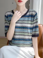 2025 신상 여름 반팔 O넥 티셔츠 스트라이프 쿨 티셔츠 여성 고급 티셔츠 패션 편안한 레저 티셔츠 탑 - 이미지 5