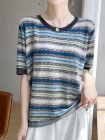 2025 신상 여름 반팔 O넥 티셔츠 스트라이프 쿨 티셔츠 여성 고급 티셔츠 패션 편안한 레저 티셔츠 탑 - 이미지 2