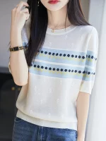 25 새로운 여름 모직 파인 스피닝 티셔츠 오-넥 꽃 반팔 여성 고급 티셔츠 패션 쿨 티셔츠 편안한 - 이미지 6