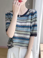 2025 신상 여름 반팔 O넥 티셔츠 스트라이프 쿨 티셔츠 여성 고급 티셔츠 패션 편안한 레저 티셔츠 탑 - 이미지 4