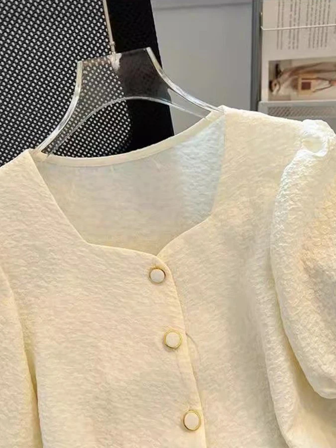 kf-Sbbdd2da08bb0468792af307604b1b0f91 프렌치 스타일 루즈핏 반소매 스퀘어 칼라 오픈 가디건 여성 티셔츠 짧은 길이 탑 버블 슬리브 얇은 소재 - 이미지 1