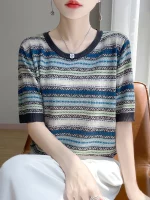 2025 신상 여름 반팔 O넥 티셔츠 스트라이프 쿨 티셔츠 여성 고급 티셔츠 패션 편안한 레저 티셔츠 탑 - 이미지 6