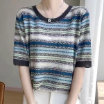 2025 신상 여름 반팔 O넥 티셔츠 스트라이프 쿨 티셔츠 여성 고급 티셔츠 패션 편안한 레저 티셔츠 탑