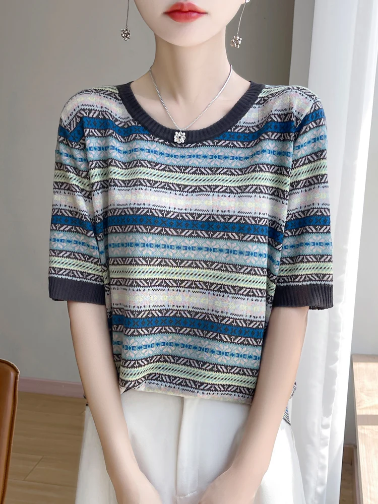 kf-Sdee76928159745489c865ea73bd06254K 2025 신상 여름 반팔 O넥 티셔츠 스트라이프 쿨 티셔츠 여성 고급 티셔츠 패션 편안한 레저 티셔츠 탑 - 이미지 1