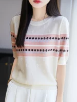 25 새로운 여름 모직 파인 스피닝 티셔츠 오-넥 꽃 반팔 여성 고급 티셔츠 패션 쿨 티셔츠 편안한 - 이미지 5