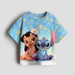 2025 디즈니 스티치 3-14세 여아용 면 티셔츠 여름 귀여운 만화 반팔 아동 캐주얼 의류 티셔츠 키즈 상의