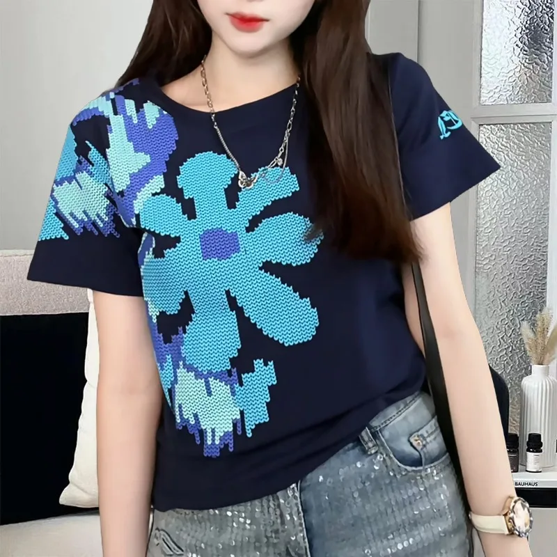 kf-Sed96aa62f6fa4ed39801444bc1482d47v 여성을 위한 코튼 여름 3D 포밍 프린트 반소매 티셔츠 세련되고 다재다능한 탑 - 이미지 1