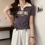 여성 의류 여름 한국 패션 단순 올 매치 편지 솔리드 컬러 폴로 칼라 Femme Thin Slim Short Sleeve Top - 이미지 3