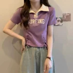 여성 의류 여름 한국 패션 단순 올 매치 편지 솔리드 컬러 폴로 칼라 Femme Thin Slim Short Sleeve Top - 이미지 2