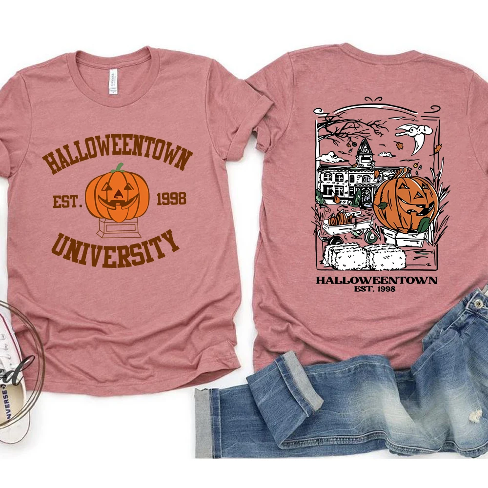 kf-S02a476a3bd7d4ba2926c20dc709d5b0bN 2025 할로윈타운 1998 티셔츠 2면 프린트 할로윈타운 대학교 셔츠 호박 가을 티셔츠 레트로 할로윈 파티 티셔츠 - 이미지 1