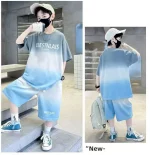 2025년 여름 10대 남아 의류 세트 아동 레터링 트레이닝복 유아 티셔츠 상의 + 루즈핏 하의 반바지 바지 4 8 10 12 14세 - 이미지 2