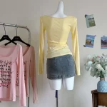 아메리칸 레터 프린트 슬림핏 긴팔 티셔츠 여성 가을 스윗 스파이시 귀여운 타이트 허리 캐주얼 탑 - 이미지 6