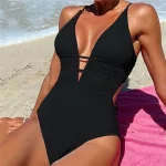 섹시한 블랙 늑골이있는 등이없는 수영복 원피스 수영복 여자 2025 문자열 크로스 수영복 수영복 Bathers Bodysuit