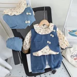 여아용 면 소재 정장 3종 세트 (1-5세) 데님 조끼, 꽃무늬 탑, 와이드 레그 청바지, 귀엽고 캐주얼한 여아 의류