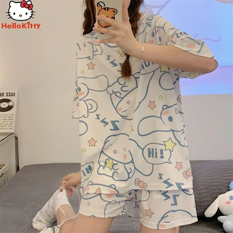 kf-S297e61d0933b4d25887b41b30863cad8F Kawaii Sanrio Anime Cinnamoroll Kuromi 잠옷 여름 단순 패션 섬세한 귀여운 캐주얼 루즈 편안한 부드러운 여성용 세트 선물 - 이미지 1