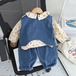 여아용 면 소재 정장 3종 세트 (1-5세) 데님 조끼, 꽃무늬 탑, 와이드 레그 청바지, 귀엽고 캐주얼한 여아 의류 - 이미지 5