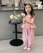 2025 여름 신상 유아 여아 스윗 의류 세트 2종 아동 플리츠 슬링 프린트 탑 베스트 + 크롭 팬츠, 유아 2-7세 - 이미지 2