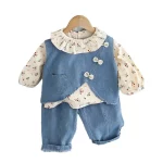 여아용 면 소재 정장 3종 세트 (1-5세) 데님 조끼, 꽃무늬 탑, 와이드 레그 청바지, 귀엽고 캐주얼한 여아 의류 - 이미지 6