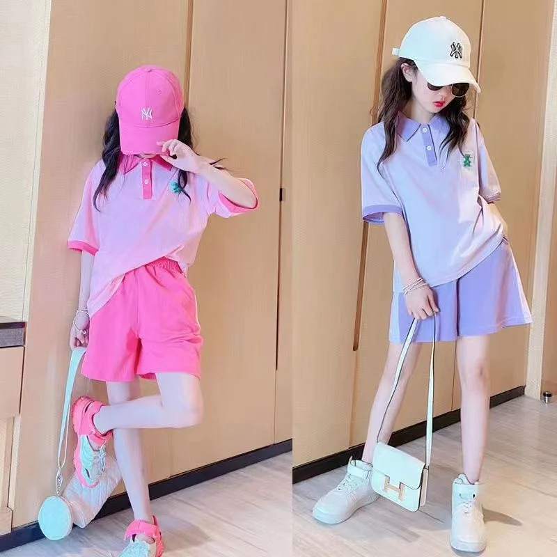 kf-S42bb562360ce4467abe657127b6e22c7t 십대 스포츠 세트, 여름 캐주얼 의상, 어린이 패션 티셔츠 및 반바지, 어린이 반팔 패치워크 의류 - 이미지 1