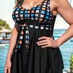 VigoJany 2025 격자 무늬 프린트 플러스 사이즈 Tankini 수영복 여성 대형 묶인 하이 웨이스트 수영복 LaydyBackless 빅 드레스 수영복