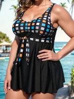 VigoJany 2025 격자 무늬 프린트 플러스 사이즈 Tankini 수영복 여성 대형 묶인 하이 웨이스트 수영복 LaydyBackless 빅 드레스 수영복