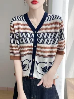 25 뉴 여름 짧은 소매 Lyocell 가짜 카디건 v 넥 쿨 티셔츠 여성 고급 티셔츠 패션 편안한 레저 티셔츠 - 이미지 2