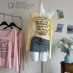 아메리칸 레터 프린트 슬림핏 긴팔 티셔츠 여성 가을 스윗 스파이시 귀여운 타이트 허리 캐주얼 탑 - 이미지 5
