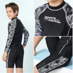 소년을위한 3 피스 스플릿 수영복 십대 수영복 어린이 수영 트렁크 및 모자 긴 소매 태양 보호 어린이 수영복 - 이미지 2