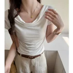 여름 짧은 소매 티셔츠 여성 사이드 플리츠 슬림 피트 오프 숄더 넥 크롭 탑 - 이미지 2