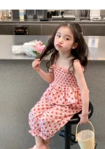 2025 여름 신상 유아 여아 스윗 의류 세트 2종 아동 플리츠 슬링 프린트 탑 베스트 + 크롭 팬츠, 유아 2-7세 - 이미지 3