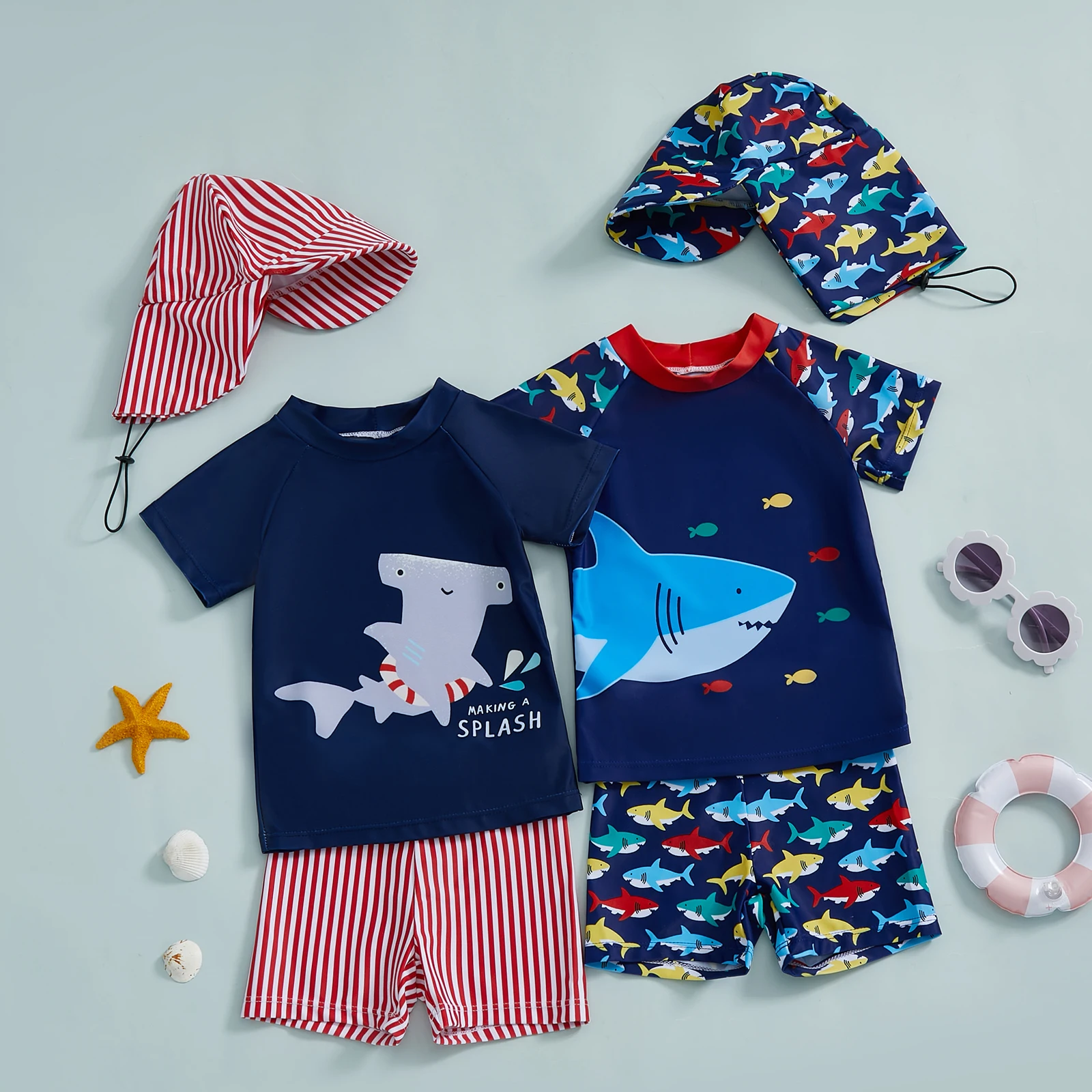 kf-S7f2fa2dbd4a645f4b1d53ba1ad0022f8b 여름 수영복 비키니 세트, 귀여운 상어 프린트, 반팔 래시가드, 수영 상의, 반바지, 태양 모자, 비치웨어, 아기 소년 세트, 3 개 - 이미지 1