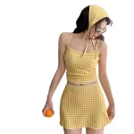 2025 신상 3피스 수영복 슬리밍 커버업 휴가용 뷰티 체크 무늬 보수적인 한국 스타일 비키니 세트 - 이미지 5