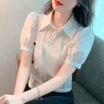 여성용 귀여운 셔츠 및 블라우스 상의, 푹신한 소매 칼라, 단추 업 화이트 노벨티, 2024 여름 신기한 옷 - 이미지 6