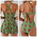 여성용 꽃 프린트 원피스 수영복 크리스크로스 스트랩 드레스 스타일 스커트 Boyshort Backless Tie-Up Bowknot Beach 수영복 - 이미지 3