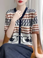 25 뉴 여름 짧은 소매 Lyocell 가짜 카디건 v 넥 쿨 티셔츠 여성 고급 티셔츠 패션 편안한 레저 티셔츠 - 이미지 6