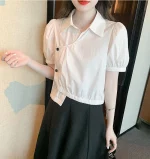 여성용 귀여운 셔츠 및 블라우스 상의, 푹신한 소매 칼라, 단추 업 화이트 노벨티, 2024 여름 신기한 옷 - 이미지 5
