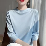 여름 가을 새로운 코튼 크로프트 슬리브 티셔츠 여성 세미 하이 넥 티셔츠 루즈 슬리브 바닥 셔츠 내부 탑 포함