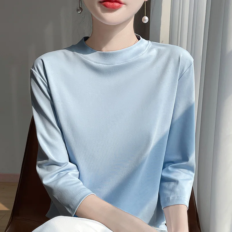 kf-S939fc2957dec455db9b30b344de1fb38c 여름 가을 새로운 코튼 크로프트 슬리브 티셔츠 여성 세미 하이 넥 티셔츠 루즈 슬리브 바닥 셔츠 내부 탑 포함 - 이미지 1