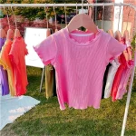 1-8Y 어린이 반팔 티셔츠 새로운 한국 여자 아기 여름 옷 다목적 니트 스트라이프 프릴 가장자리 아동상의 - 이미지 5