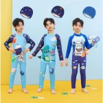 아이들을위한 귀여운 긴 소매 수영복 소년 수영복 비치 선 스크린 만화 수영복 수영 모자 어린이 서핑 슈트