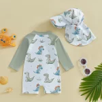 유아 소년 래쉬가드 수영복, 어린이 운동복 저녁 식사 및 게 프린트, 긴 소매 지퍼 목욕 세트, 수영 모자 포함 - 이미지 3