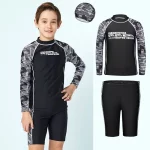 소년을위한 3 피스 스플릿 수영복 십대 수영복 어린이 수영 트렁크 및 모자 긴 소매 태양 보호 어린이 수영복