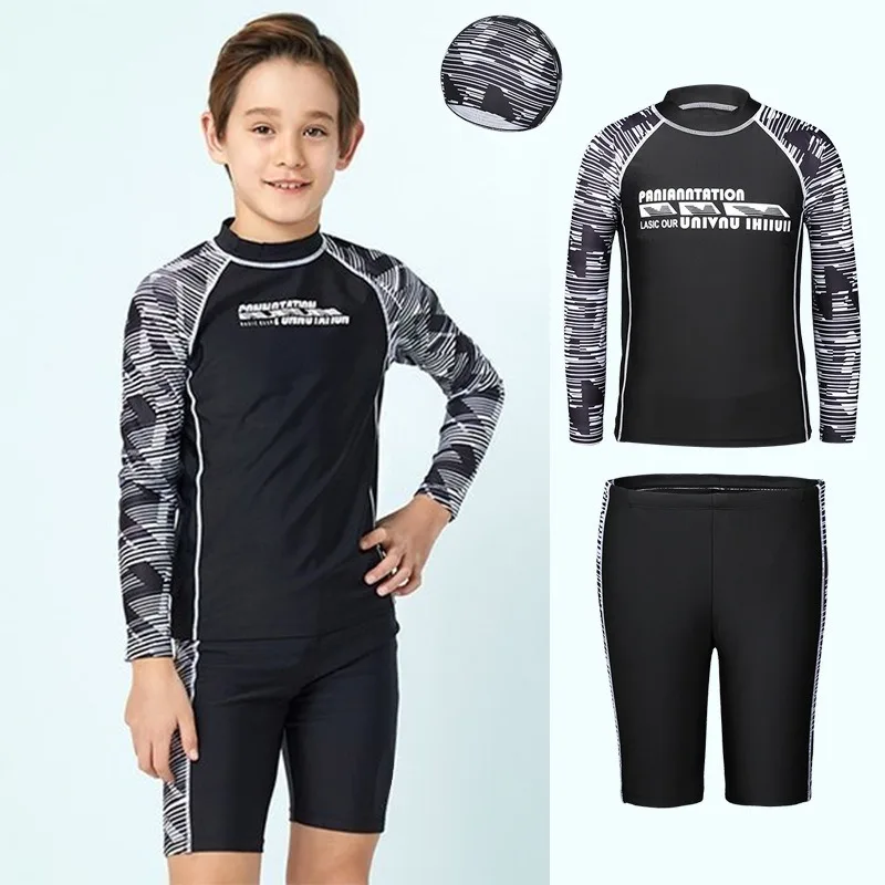 kf-Saf7f4947d7e0412286e640f04f90f4999 소년을위한 3 피스 스플릿 수영복 십대 수영복 어린이 수영 트렁크 및 모자 긴 소매 태양 보호 어린이 수영복 - 이미지 1